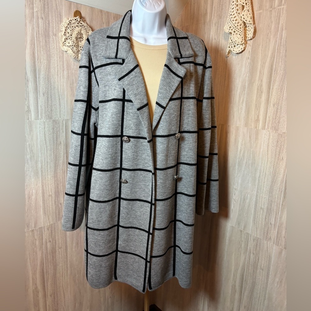 Anne Klein Black and Gray Plaid WindowPane Knit Sweater Coat Jacket Blazer